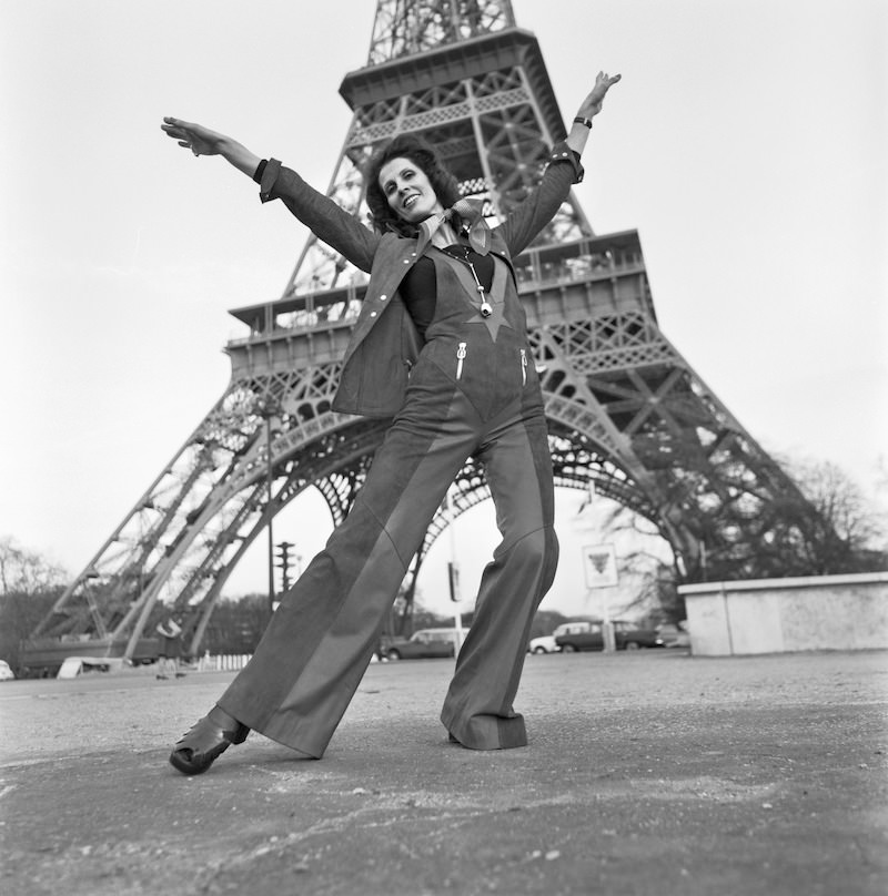 Dance teacher and mannequin Aira Samulin in Paris in 1973. Eiffel Tower in the background.