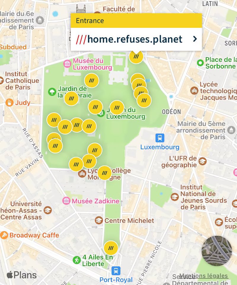 Liste de lieux What3Words au Jardin du Luxembourg à ouvrir avec un smartphone.